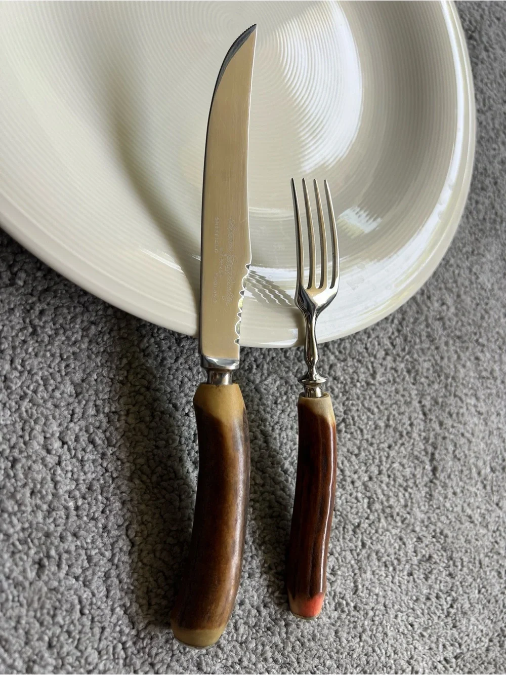 Unused Vintage BRUCUT Sheffield England Stag Handle Steak Knives & Forks⁠